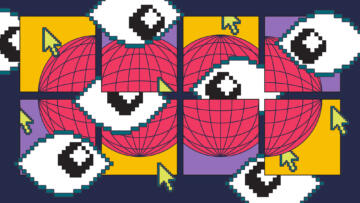 Illustration of square vignettes of a pink globe, layered with pixelated eyes and cursors.