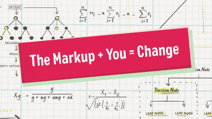 White text on pink background: The Markup + You = Change. On a graph paper background with math equations.