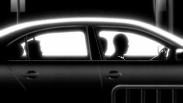 Illustration of two people in the car being backlit. The driver has their hands on the wheel. The passenger is sitting behind the driver. There are street signs in the background and a rail in the foreground.