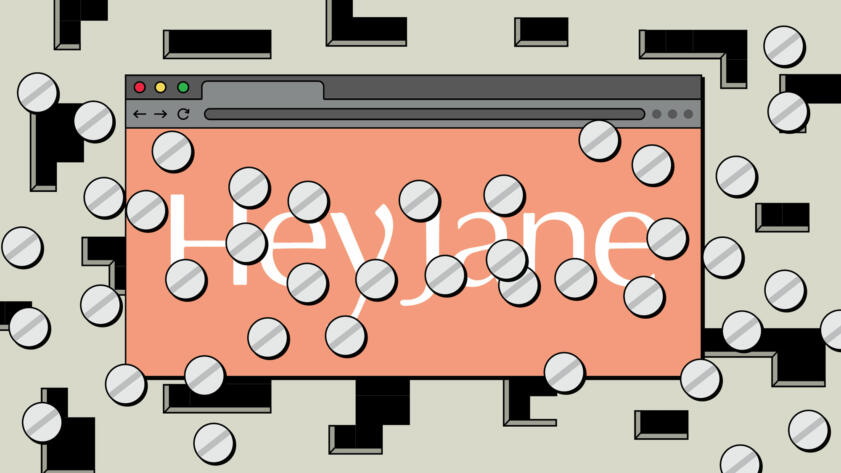 Illustration of a web browser showing the Hey Jane logo obscured by pills. In the background of the browser there are various