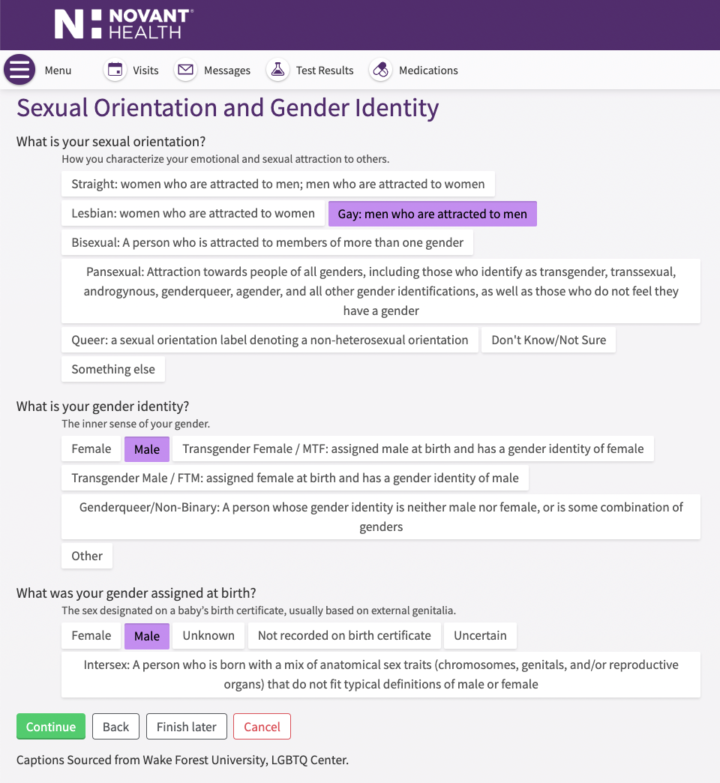 Screenshot of the Novant Health portal, showing a survey on sexual orientation and gender identity.