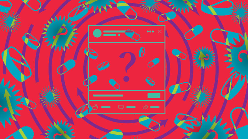 Illustration of the outlines of a Facebook ad, with a question mark in the middle. Various pills are falling throughout the composition.