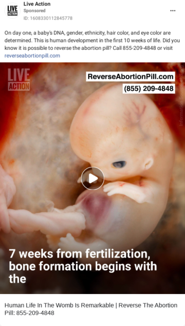 Screenshot of a Facebook ad that shows a video of a fetus. Text that says "7 weeks from fertilization, bone formulation begins with the" is overlayed on the video.
