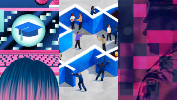 A collage of three illustrations. The left one shows a person at a computer with a graduation cap on the screen. The middle illustration shows people exploring a maze shaped like the Facebook logo. The right illustration shows the image of a cop with a pink pixelated overlay.