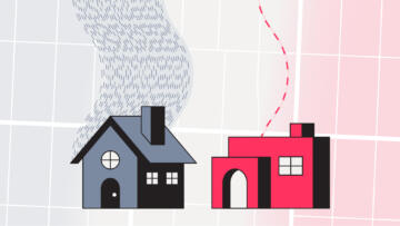Illustration of two houses, one with multiple dashed blue lines and the other with a single pink line, against an abstract street grid.