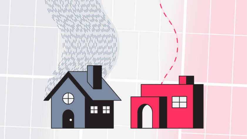 An illustration of two houses, one receiving many dashed blue lines and the other receiving a single pink line, against an abstract street grid.