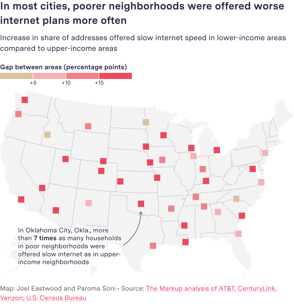 Map: In most
                                                      cities, poorer
                                                      neighborhoods were
                                                      offered worse
                                                      internet plans
                                                      more often.