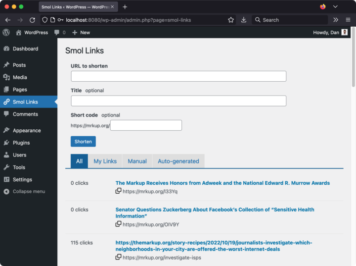 Screenshot des Smol-Link-Managers in einem WordPress-Editor mit Optionen zum Kürzen eines Links oder Durchsuchen vorhandener Kurzlinks.