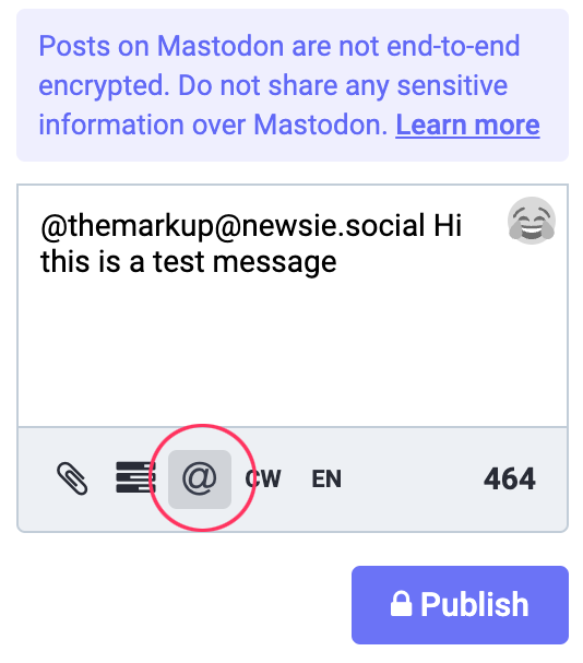 Screenshot of a test message in the DM text field in Mastodon. A pink circle is over the @ icon below the text field.