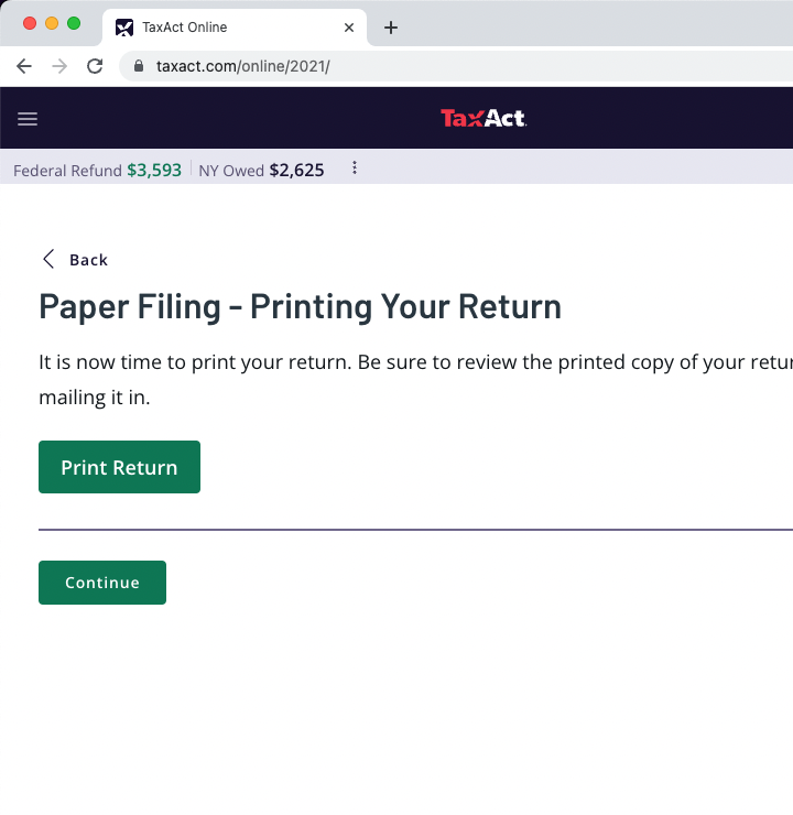 Screenshot of Taxact.com showing the page one sees after filing a tax return.