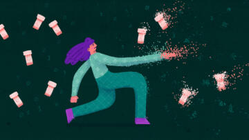 Illustration of a person with purple hair and shoes, being dissolved into pixels. There are prescription bottles surrounding them and some of those bottles are also being dissolved into pixels.