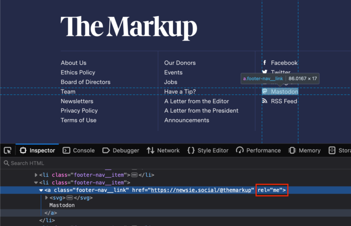 Screenshot of a web inspector view of themarkup.org footer links, including the rel=”me” attribute on the link to our Mastodon profile page.