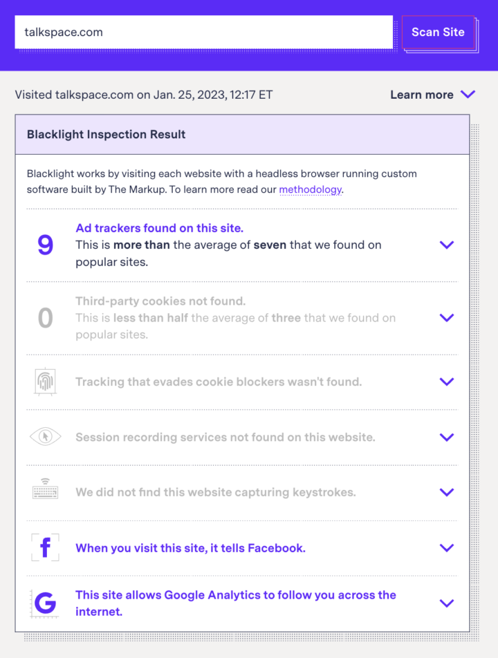 Screenshot of The Markup's Blacklight inspection result.