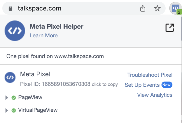 Screenshot of Meta's browser extension showing that the pixel is present on www.talkspace.com