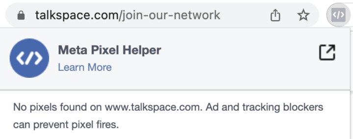 Screenshot of Meta's browser extension showing that there are no Meta pixels on talkspace.com