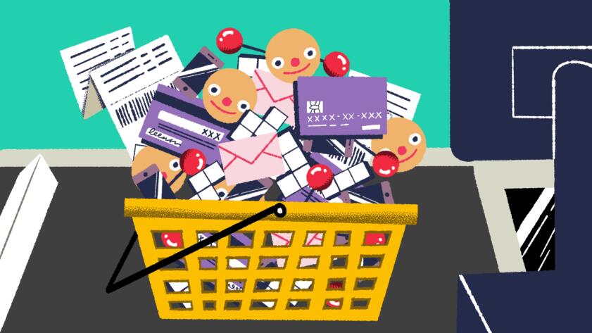 Illustration of a grocery store basket on a conveyer belt, filled with various objects including smiley faces, location pins, credit cards, data blocks, envelopes and receipts.