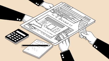 Illustration of a 1099 tax document, with various hands pulling out pieces of information from it. Next to the document are a calculator and pencil.