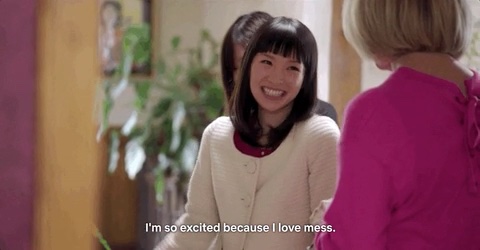 still of a Gif showing a Marie Kondo saying, I'm so excited because I love mess.