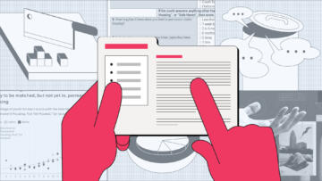 Illustration of hands holding a recipe card. In the background are 6 vignettes. Three of them are data graphics from the ISP story, three of them show a cleaver chopping data blocks, a pie chart in a pan, and a pot letting out speech bubble steam, respectively.