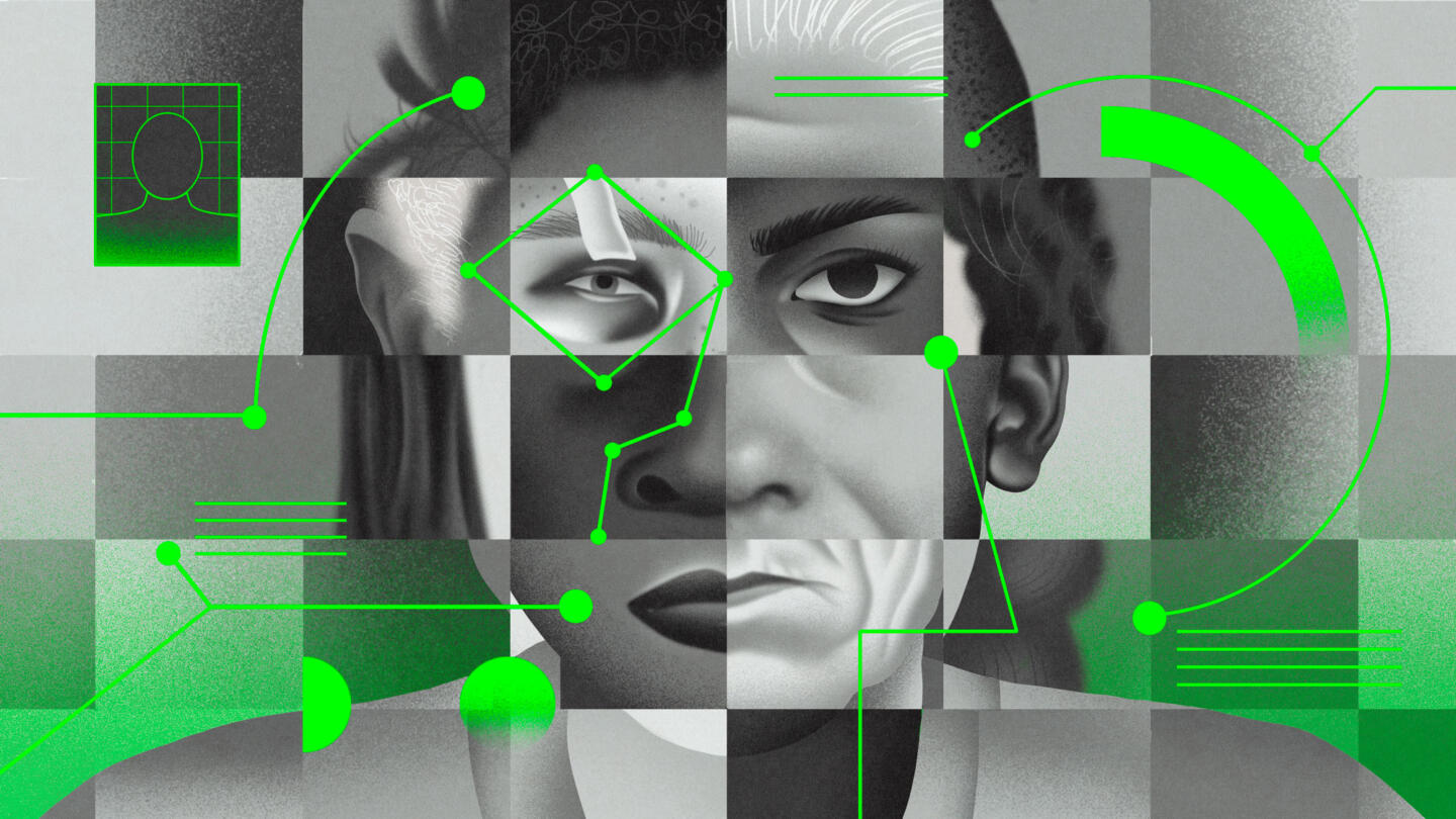 Illustration of a mosaic, with each square being a crop of a different person's mugshot. There is a variety of skin tones and facial features. There are bright green overlays on top analyzing the facial features.