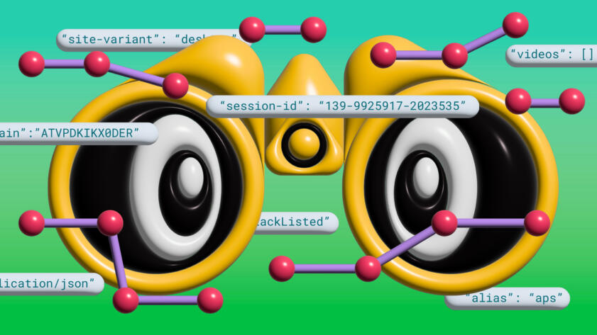 Illustration of a pair of binoculars with eyes looking at various data strings and modules.