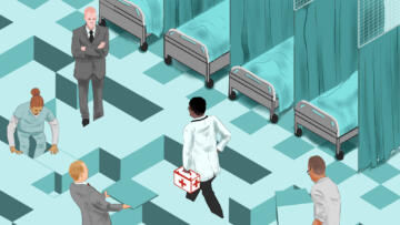 Illustration of a hospital room with a maze built in it. Hospital employees including nurses, doctors and executives are rearranging and building the maze.