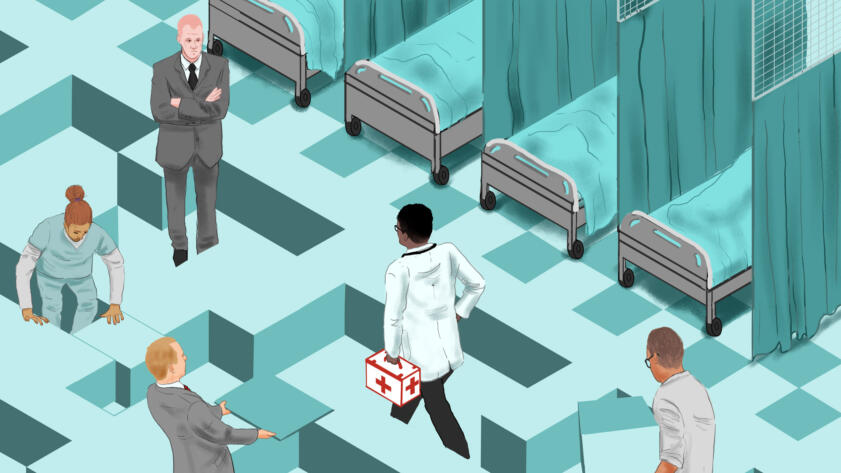 Illustration of a hospital room with a maze built in it. Hospital employees including nurses, doctors and executives are rearranging and building the maze.