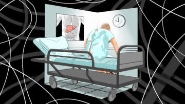 Illustration of a person hunched over a hospital bed with their back facing towards the viewer. There is a clock and X-ray of a liver in the background.