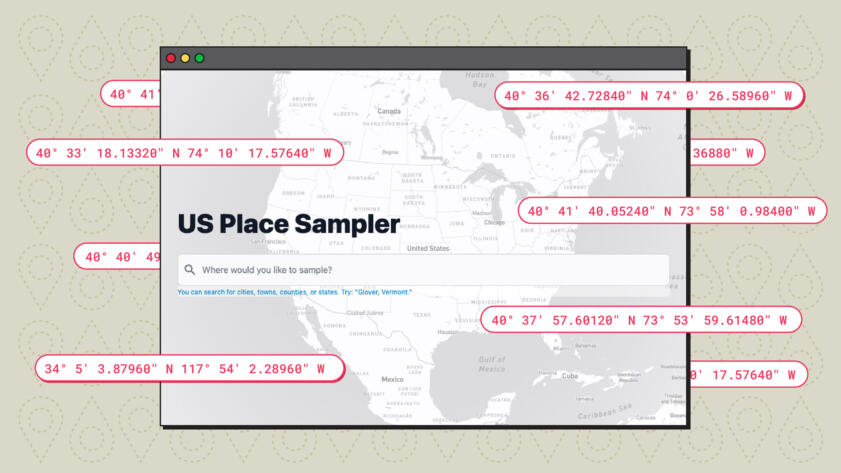 Illustration of a browser window showing the US Place Sampler. Various coordinates wrapped in bubbles are scattered throughout the composition. The background features a location pin wallpaper made of dotted lines.