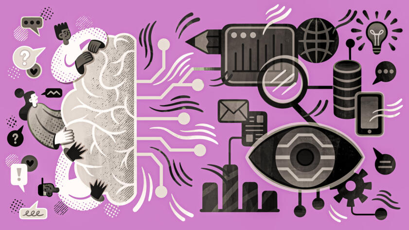 Illustration of three people touching half a brain. To the right of it are a variety of tech icons including an eye, a magnifying glass, devices and charts.