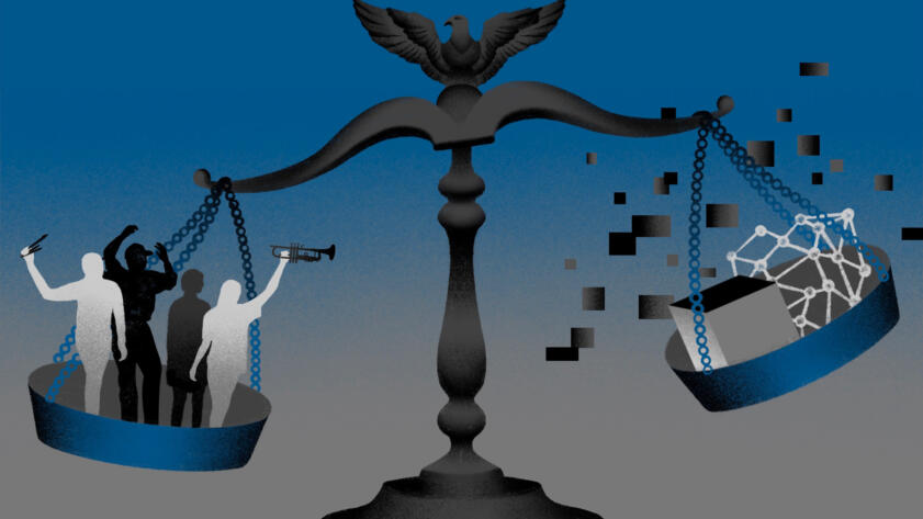 Illustration of the scales of justice, with people on the left side holding paintbrushes and musical instruments, and abstract squares and shapes on the right side.
