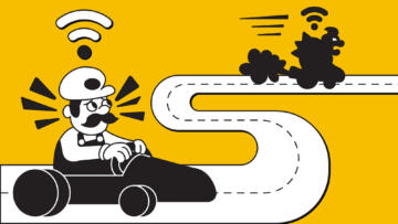 Illustration of an Italian plumber racing an evil turtle. The plumber is lagging behind and has a low Wifi symbol above his head. The turtle is ahead of the race and has the full Wifi symbol.