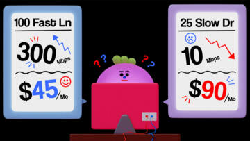 Illustration of a character behind a computer with a puzzled look on their face. There are two bubbles to the left and right of them containing different internet plan information and numbers.
