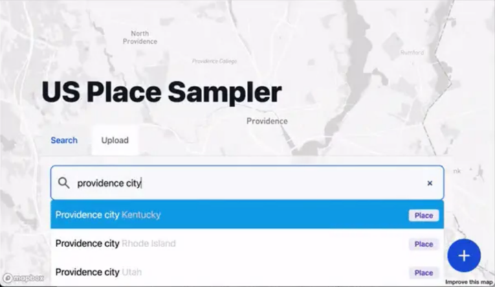 Screenshot showing a search for "providence city" on the US Place Sampler intereface