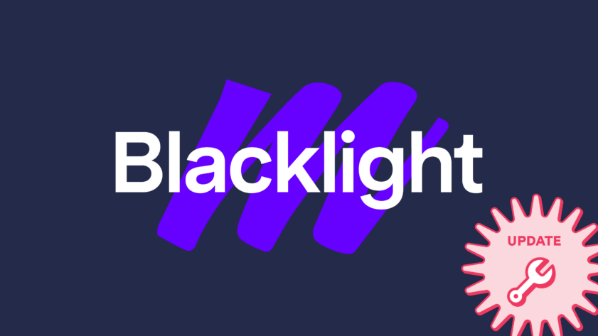 Illustration of the Blacklight logo, with a purple swish behind it. On the bottom right hand corner is a star-shaped sticker with the words "UPDATE" and a wrench icon.