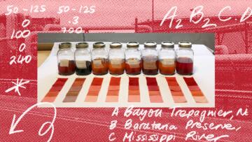 Photo illustration of several jars containing dye with an array of fabric samples. In the background are hand-written notes on top of an image of a chemical plant