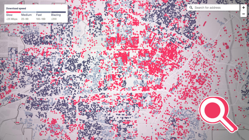 Screenshot of an interactive map showing the internet speed of addresses in Los Angeles.