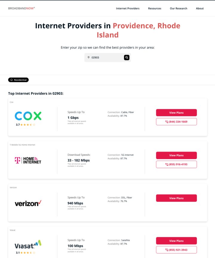 Screenshot of a list of internet providers in Providence, Rhode Island from BroadbandNow