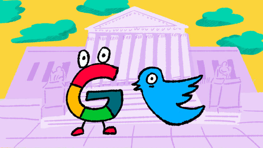 Illustration of the Google logo and Twitter logo standing in front of the U.S. Supreme Court building, looking quite scared.