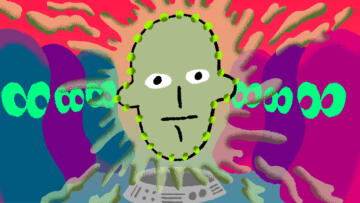Digital illustration of a hologram of a person's head, with glowing blobs emitting around it. The hologram is surrounded by bean characters who are staring at it.