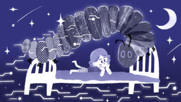 image with purple/blue background with starts in the sky of a child on a bed looking at a computer generated catepillar