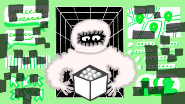 Digital illustration of a figure in a hazmat suit looking down at a box. To the left and right are faded symbols representing data, including speech bubbles, rectangles, cursors, maps and profile icons. Overlaid on top of the icons are grey pixel boxes obscuring the data.