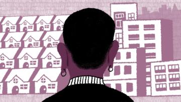 Illustration of the back of a person's head. The person is POC, with short hair and earrings. On the left side are rows of houses, on the right side are a bunch of tall buildings in a city.