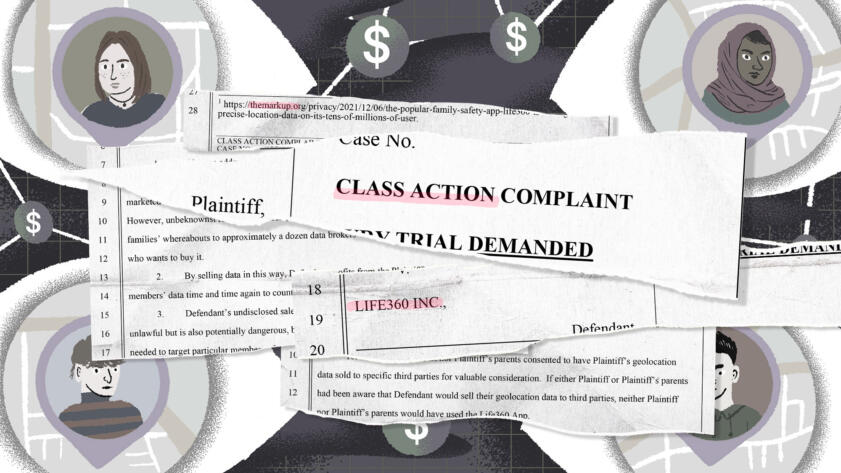 A photo collage of the class action suit against Life360.