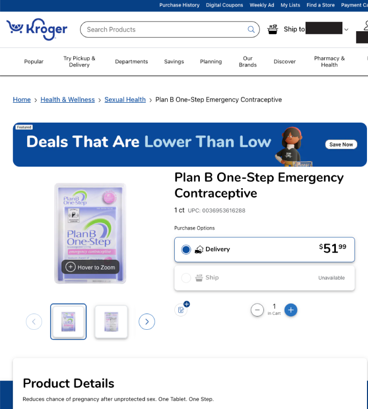 Screenshot of a page from the Kroger website. The Kroger page displays Plan B One-Step Emergency Contraceptive.