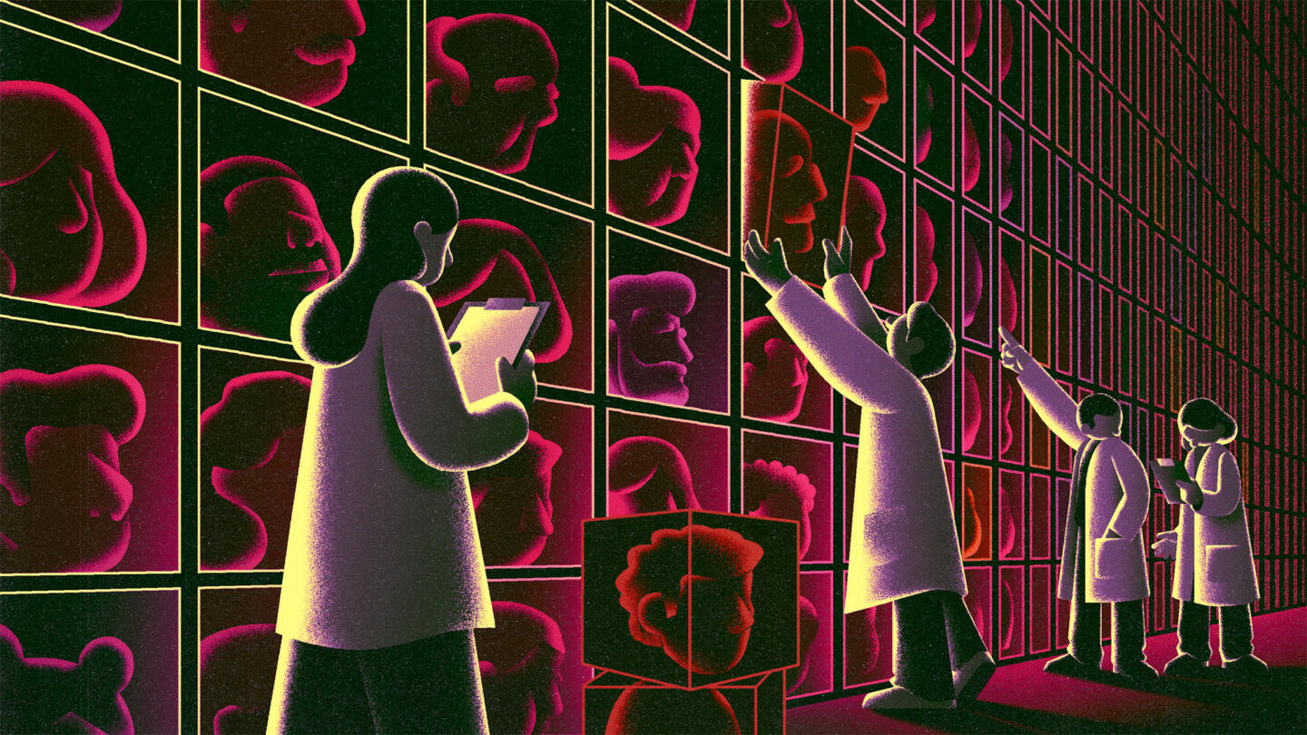 Digital illustration of scientists analyzing a wall filled with boxes containing human heads. Some scientists have clipboards, others are picking up the heads off the shelves.