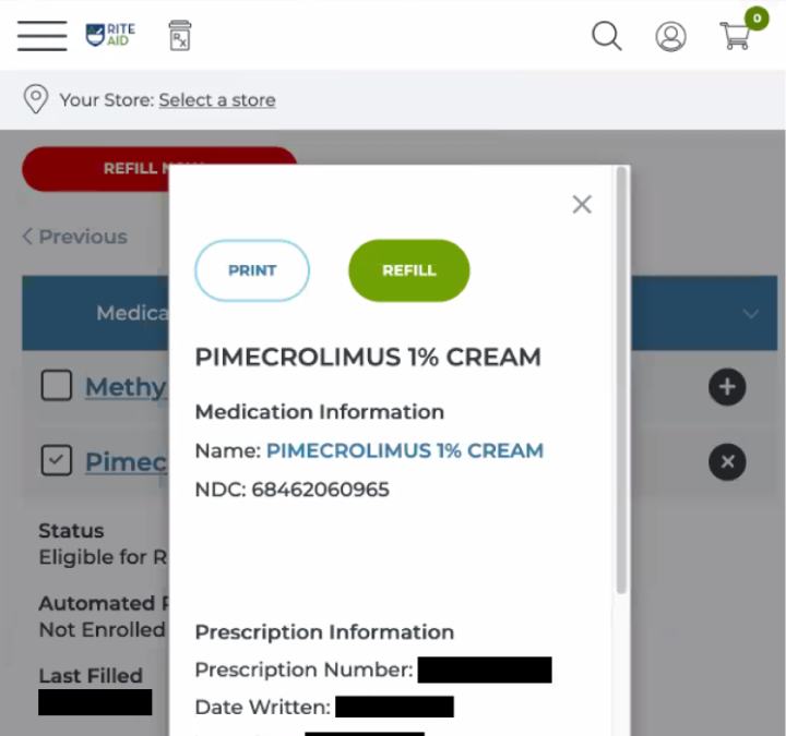 Screenshot of a page from the Rite Aid website. The Rite Aid page displays Pimecrolimus 1% Cream.
