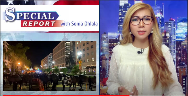 Screenshot of a Youtube video of Sonia Ohlala, who is wearing a white blouse and glasses. To the left of her are the words "Special Report with Sonia Ohlala" and a video of people out on the street at night.