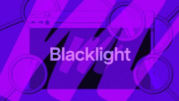 Illustration of the Blacklight logo (the text "Blacklight" with a swoosh behind it) on a browser window with several magnifying glasses on top of and behind it. There is a halftone filter giving the whole illustration a dotted effect, as well as a pink swoosh over the entire image.