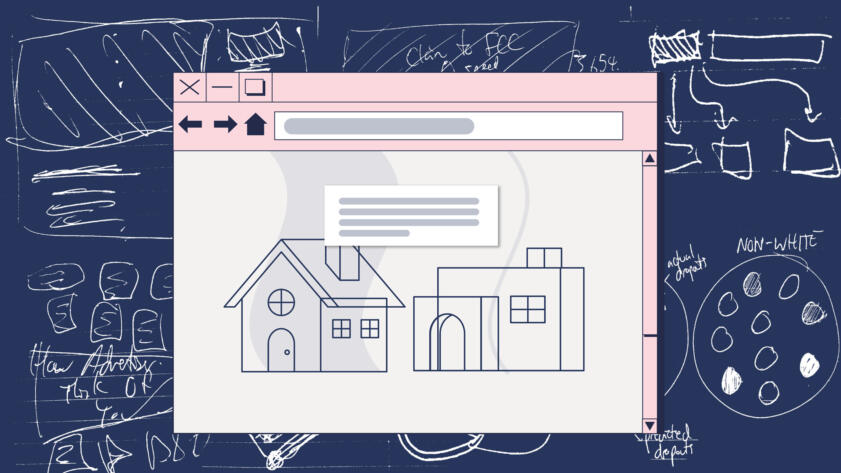 Illustration of a browser window displaying the outline of two houses, with a text window over it. Behind the browser window there is a dark blue background with rough white sketches of various graphics.